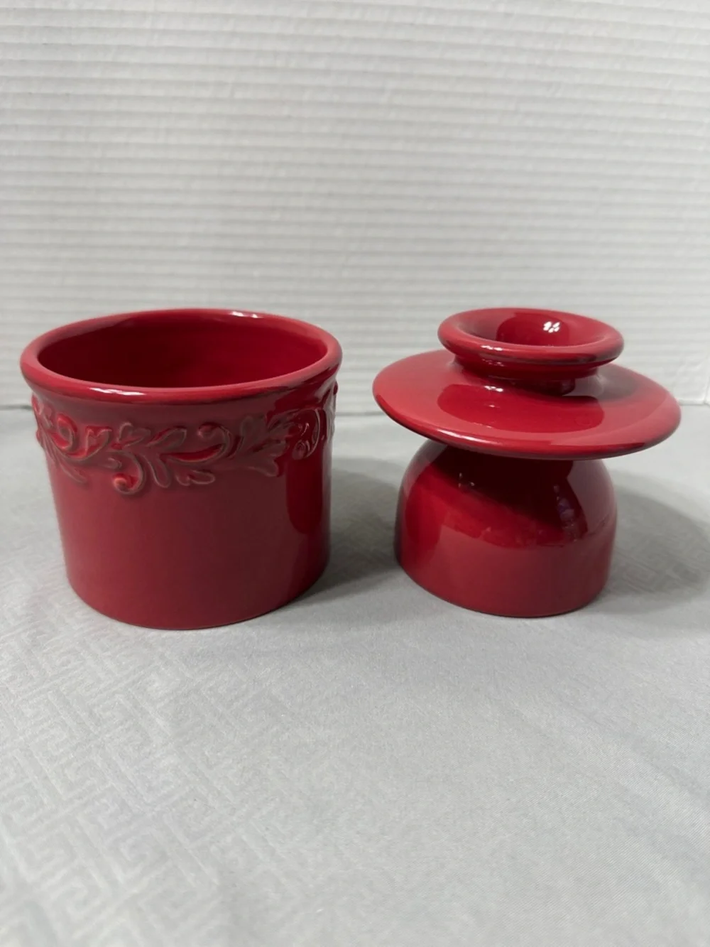 L Tremain Rouge Antique Collection Butter Keeper Crock Embossed Vines & Leaves